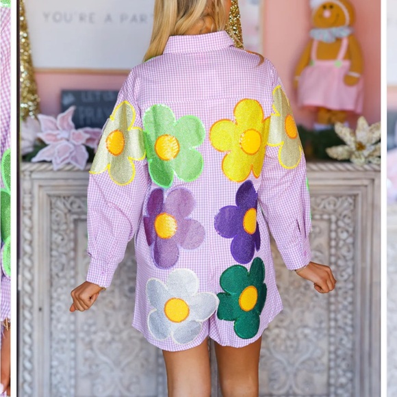 QUEEN OF SPARKLES Purple & White Gingham Oversized Mardi Gras Flower Romper Sm - Picture 2 of 8